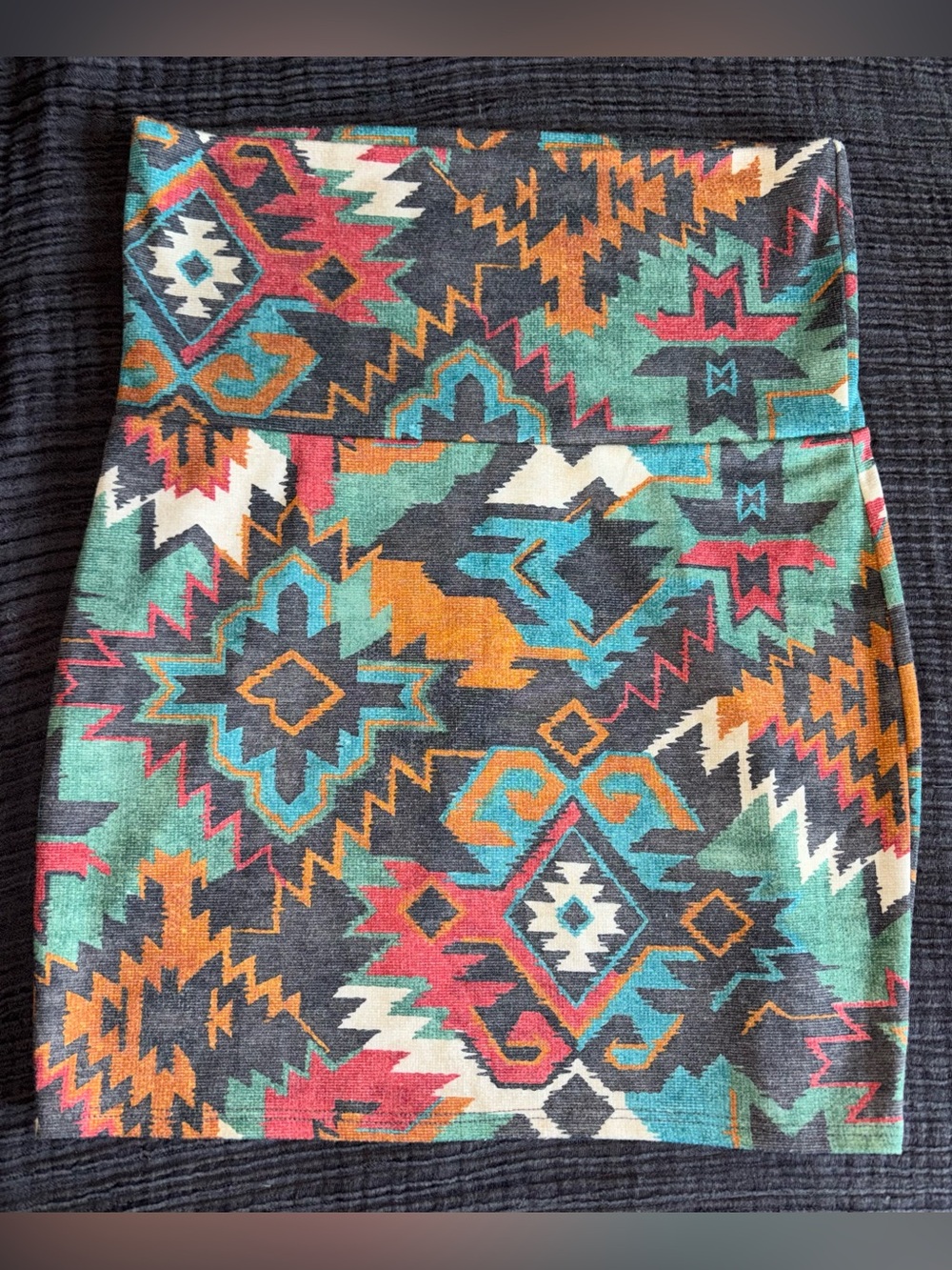 Nollie Aztec Print Mini Skirt in Teal, Orange, Red, Black + White